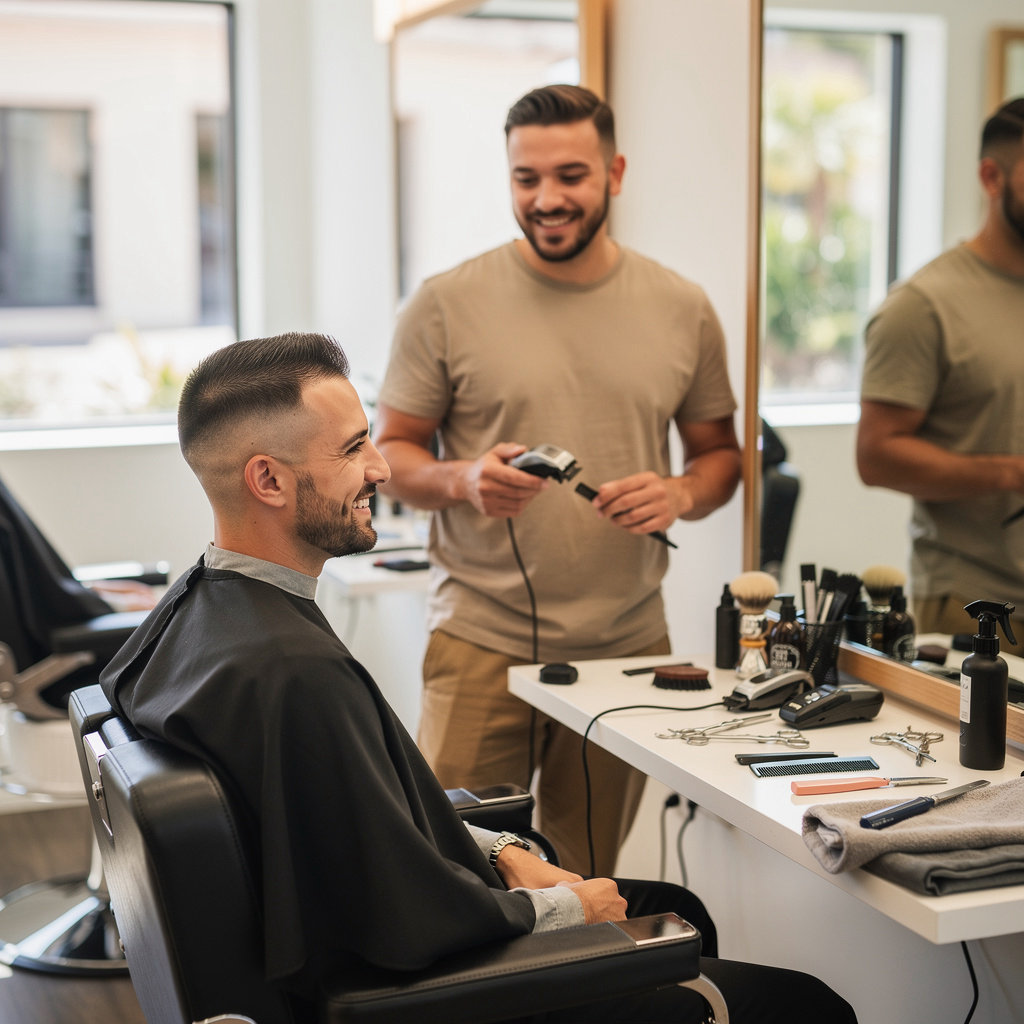 Los Amigos Barber Shop barber engaging with a local Santa Barbara customer in a friendly community setting